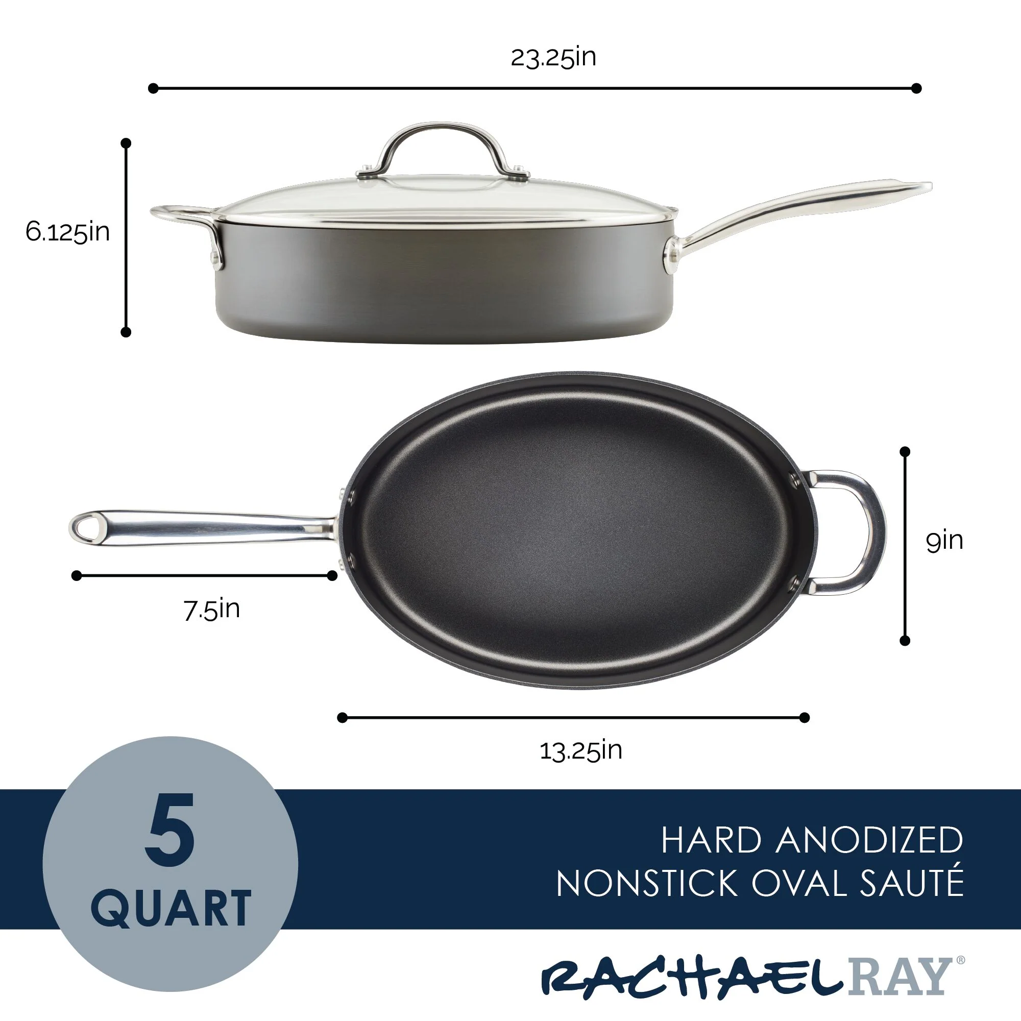 5-Quart Professional Hard Anodized Nonstick Oval Sauté Pan with Lid - Image 4